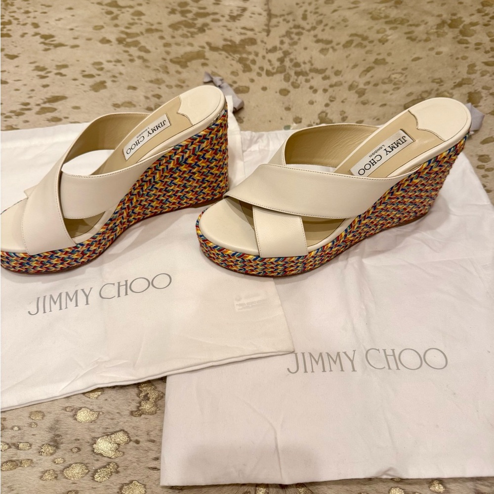 Jimmy Choo Latter Leather Wedge Sandals with Multicolor Braided Platform - sz 38